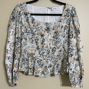 Cotton floral peplum crop top crochet balloon sleeves size small‎